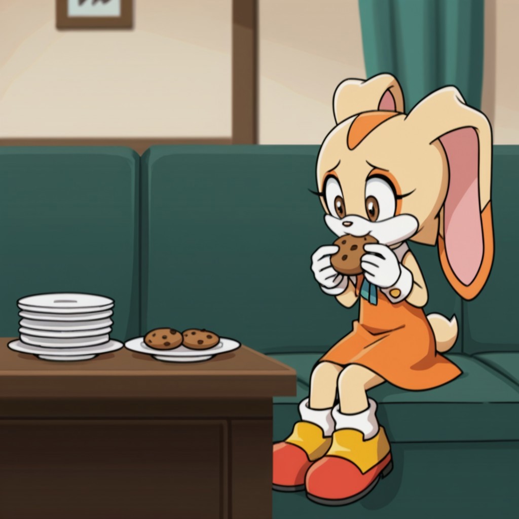 score_9, score_8_up, score_7_up, score_6_up, score_5_up, score_4_up, source_furry, CreamSonX, anthro, female, rabbit, tan fur, brown eyes, orange dress, blue cravat, orange shoes, sleeveless dress, sitting,at a table, eating cookies, solo, 1girl