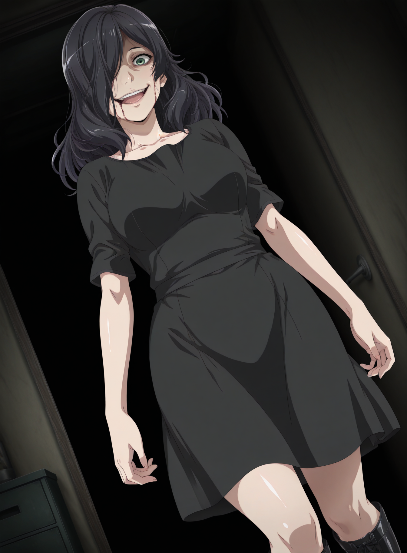 best quality, highres, masterpiece, <lora:Okusama_wa_moto_yari_man_style:1.1> owmym_style, oekaki, anime screencap, anime coloring <lora:EvelineILf:1> 3vilf, 1girl, long hair, black hair, green eyes, hair over one eye, dress, boots, dutch angle,  cowboy shot,  horror \(theme\), wide hips, narrow waist, crazy smile, upper teeth only, shiny skin