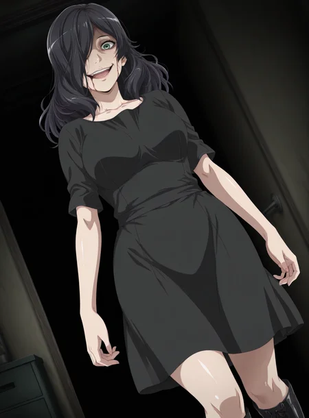 best quality, highres, masterpiece, <lora:Okusama_wa_moto_yari_man_style:1.1> owmym_style, oekaki, anime screencap, anime coloring <lora:EvelineILf:1> 3vilf, 1girl, long hair, black hair, green eyes, hair over one eye, dress, boots, dutch angle, cowboy shot, horror \(theme\), wide hips, narrow waist, crazy smile, upper teeth only, shiny skin