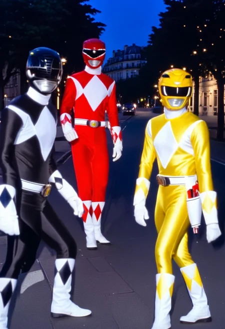 female yellow power ranger holding-hands with male red power ranger and male black ranger, facing camera, morphed, helmet, uniform, white gloves belt, holstered weapon, walking through posh Paris street at midnight, sunny summer day, hyperdetailed photography