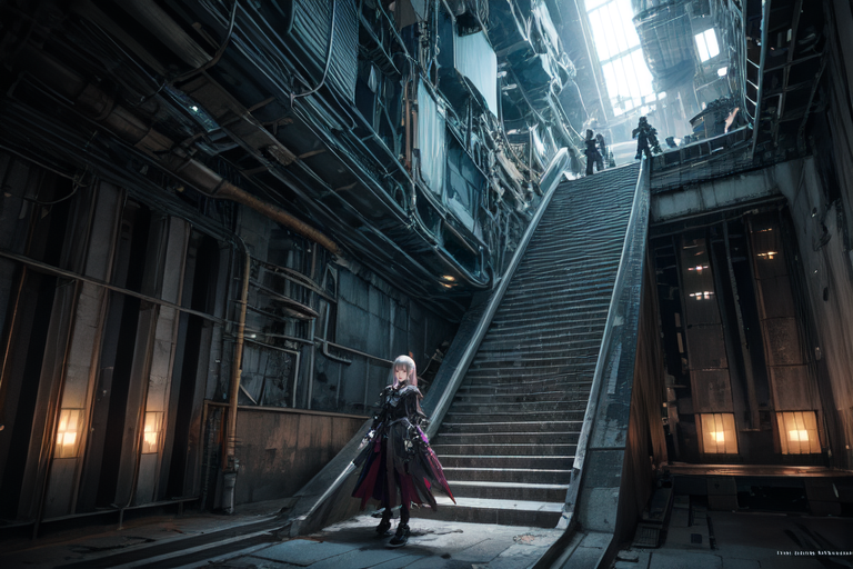 highly insanely detailed, masterpiece, top quality, best quality, highres, 4k, 8k, RAW photo, (very aesthetic, beautiful and aesthetic),  
tsutomu nihei,nihei_tsutomu,blame!,blame gakuen!,abara,TNstyle,sidonia_no_kishi,(tower,deep horizon,giant room,stairs,city ruins,space,spacecraft,lab,mausoleum,tunnel),cables,tubes,industrial pipes,bones,star \(sky\),starry sky,concrete walls,metal walls,ventilation fan,ventilation shaft,clouds,light particles,buildings,lantern,wire,walkway,drainpipe,machinery,tentacles,dome,gauna,gauna mech,toha heavy industries, 
<lora:blamev2:0>, 
(1girl:1.3), 
solo focus, 
Rag doll with articulated joints, dressed in a lavender satin dress, glitter shoes, soft blush, matching bow,carrying a small plush toy,âââ