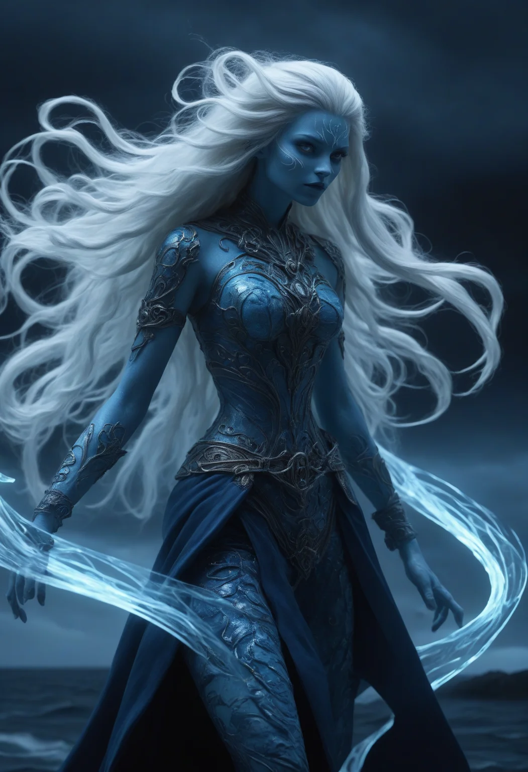 DonMM1y4XL woman, DonMN1gh7XL night,moonlit, blue men of minch, Mythical sea creatures from Scottish folklore, humanoid with blue skin, known for their prowess in water, can create storms and challenge sailors, associated with the unpredictable nature of the sea, elegant, underworld, cloud formation, graffiti writing, embodied presence, environment mapping, source engine, digital art, long exposure photography, side view, soft particles, masterful creation, ultra-high resolution, artistic, enjambment #fast autofocus, f/22, shutter speed 1/8 sec, iso400, white balance fluorescent, exposure compensation "+3.0 ev", aperture priority shooting mode, rule of thirds, focus mode manual, partial metering" <lora:myLora\DonMN1gh7XL-000006:1.0>, <lora:DonMM1y4XL-v2rb:.08>