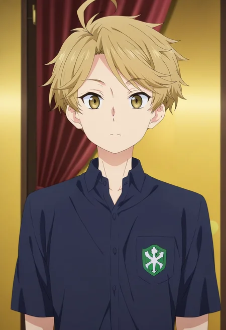 masterpiece, best quality, , anime screencap, , official style, , 1boy, solo, male focus, <lora:yuuma_nikaidou_ilxl:1>, yuuma_nikaidou, blonde hair, yellow eyes, short hair, ahoge, ,