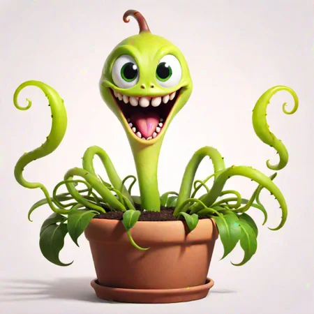 A comical cartoon-like carnivorous plant, with a big slobbering and drooling sinister smile and sharp fang-like teeth, 2 big round eyes on stalks protruding from the top of the plant, and long tentacle-like vines with claw-like hands at the ends, in a big flower pot, in 1940's style. No background.