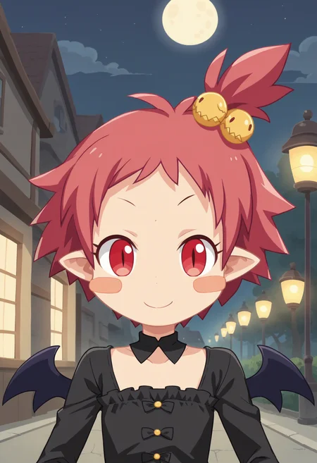 score_9, score_8_up, score_7_up, score_6_up, score_5_up, score_4_up , anime coloring ,BREAK source_anime, anime,screencap,
1girl, solo,dishanako, blush stickers, demon girl, demon wings, yellow hair bobbles, <lora:PonyXL Disgaea Hanako V2:1>
black dress, flat chest, frilled dress, long sleeves,
outdoors, night time, half moon, streets, street lights, upper body,
smile, looking at viewer,