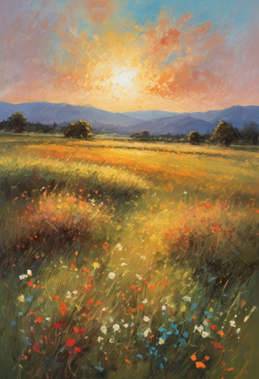 An impressionistic landscape painting depicts a sun-dappled meadow with vibrant, textured brushstrokes. The colors are bold and expressive, conveying the fleeting effects of light and atmosphere characteristic of the Impressionist style.