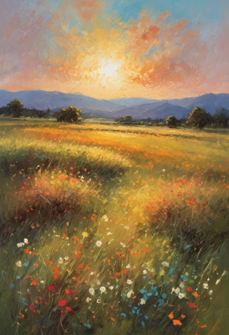 An impressionistic landscape painting depicts a sun-dappled meadow with vibrant, textured brushstrokes. The colors are bold and expressive, conveying the fleeting effects of light and atmosphere characteristic of the Impressionist style.