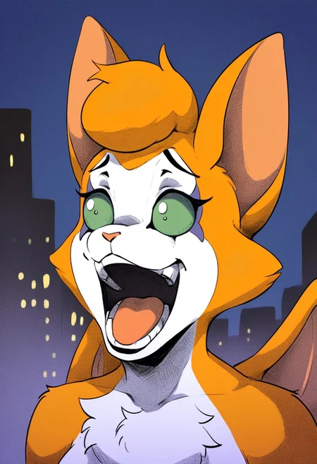 score_9, score_8_up, score_7_up, source_furry, source_anime, rating_safe BREAK 1girl, solo, anthro, furry female, fidget_daet, nimbat, anthro, furry female, wings, tail, orange fur, white fur, two-tone fur,  green eyes, colored sclera, enel face, open mouth, wide-eyed, teeth, tongue, city, street, night
