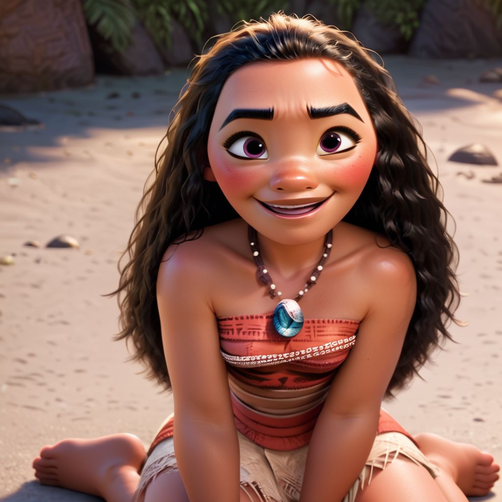 score_9, score_8_up, score_7_up, score_6_up, score_5_up, score_4_up, rating_explicit, Moana, on the ground, barefoot, small breasts, small smile, blushing, looking up at viewer
