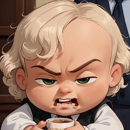 score_9, score_8, score_7, 1boy, solo, chibi, light white hair, curly bangs hair, light white eyes, screaming, light white necktie, formal, light white suit, light white shirt uniform, light white pants, light white shoes, holding a cup, modern office, upper body