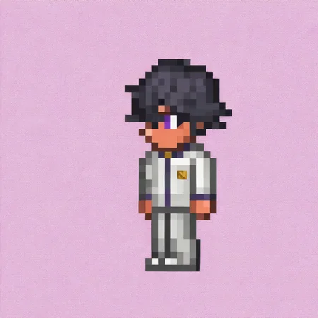 masterpiece, best quality, solo, 1boy, <lora:Terraria-Sprites-illus_Fp:1>, simple background, full body, pixel art, white background, <lora:Naoya-illus_Fp:1>, naoyap1, black hair, purple eyes, school uniform, grey pants, chibi, hair between eyes,