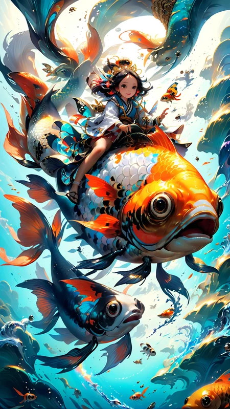 Solar Enigma in the Vortex of Time, Girl riding on a large panda butterfly goldfish <lora:ç»ªå¿-å¤§é±¼ goldfish:1>, <lora:add-detail-xl:1>
