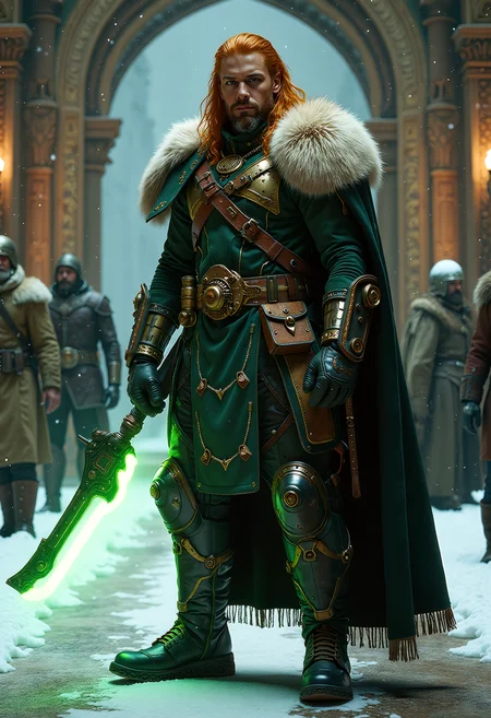 vikingpunk style mature hybrid male (XY) mexican, ebony skin, hazel eyes, character, Average build, long low Fade hair ginger hair, , wearing a neon green steampunk Viking exosuit, jet-propelled boots, fur cape, set in the grand hall of the asgardian-palace, tapestries depicting legendary battles and holographic projections of past rulers, a stage for state events and political machinations. a dangerous snow-covered-forest, known for hidden ice patches and packs of cybernetically enhanced wolves, a test of survival for the unwary traveler. , in a blizzard,, <lora:flux_trainer/moxiePunk_v4D>