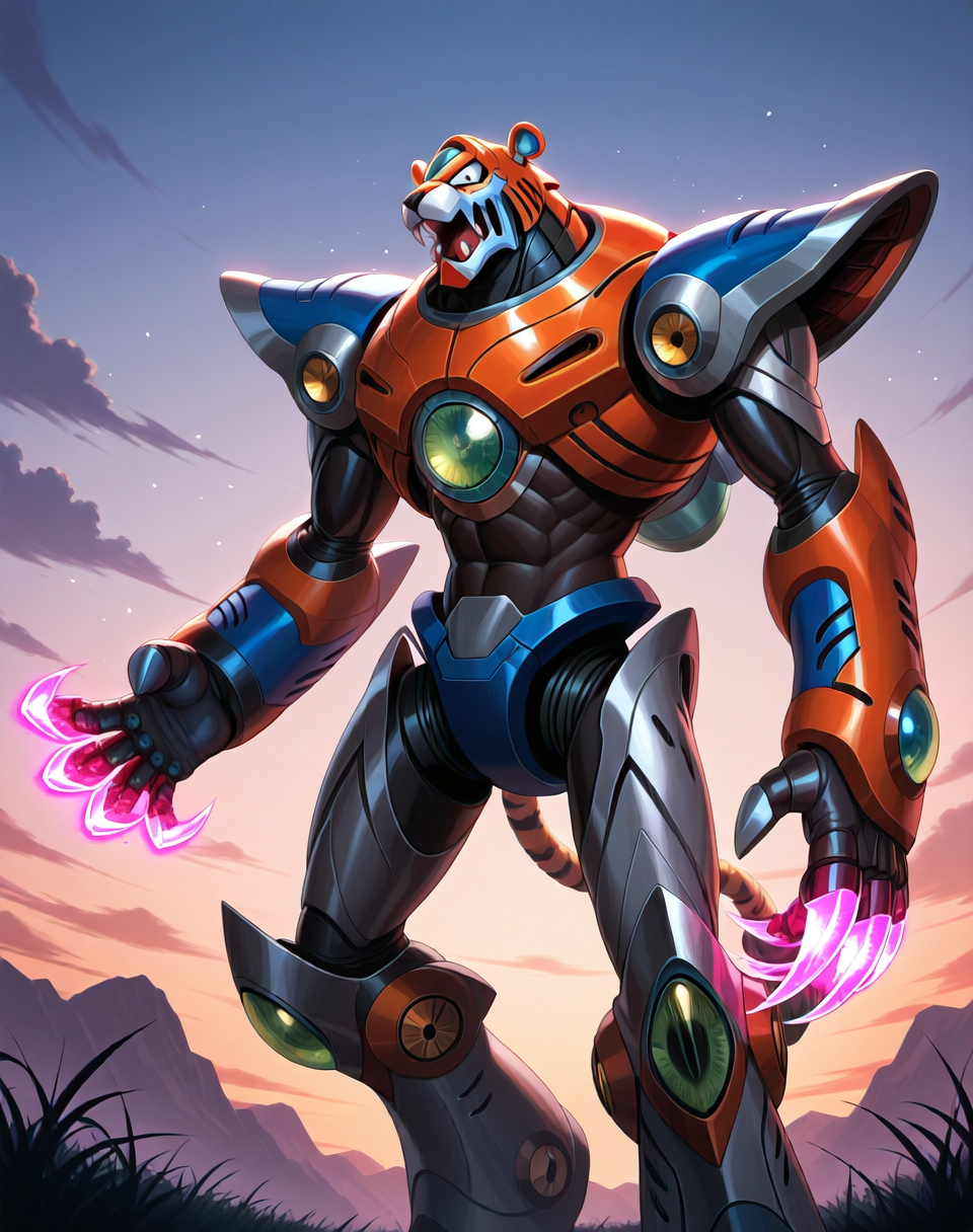 <lora:Neon_Tiger_(Mega_Man_X)_(Illustrious)_(AD):1> Neon Tiger, reploid, MMX, 
exterior, sky with clouds, grassy valley,
male focus, intense shadows, dynamic shadows, intricate details, attention to details, gradient coloring, bright vivid colors, robot, bent leg, glossy metal body, cowboy shot, abs, orange and pink and blue armor, ((neon plasma claw weapons, ):1.5), 
BREAK very awe, masterpiece, best quality, amazing quality, very aesthetic, highres, absurdres, photographic realism, 8K CGI render,
EZRealPONYXL, zPDXL, Smooth Quality, lazynsfw,