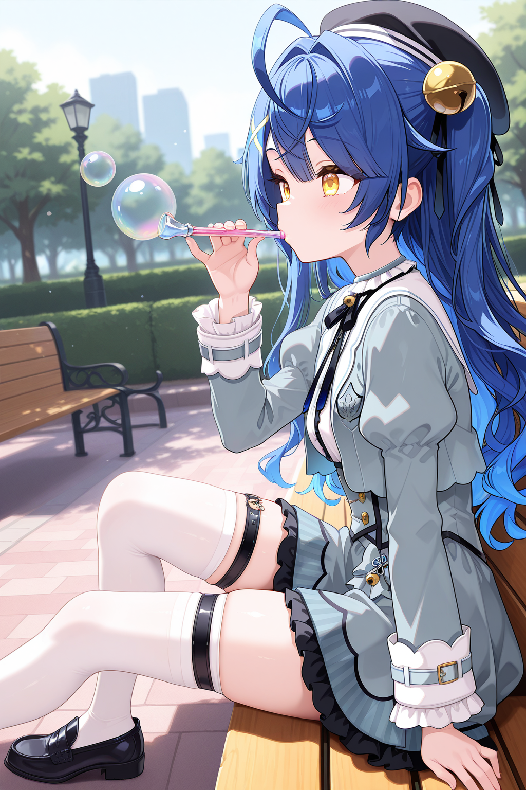 1girl, AmamiyaKokoroNijisanji,
general, solo, perspective, from side,
long hair, blue hair, two side up, wavy hair,
eyelashes, yellow eyes, 
black headwear, x hair ornament, hair bell,
grey jacket,
puffy sleeves, frilled sleeves,
cropped jacket,
breasts, open jacket, 
neck bell, white shirt, 
grey dress, 
thigh strap, white thighhighs, loafers, 
sitting, holding, bubble pipe, blowing bubbles,
park, bench, bubble,
<lora:kp_AmamiyaKokoroNijisanji1stCostumeIllustrious_v1_0:1.0>,
masterpiece, best quality, amazing quality