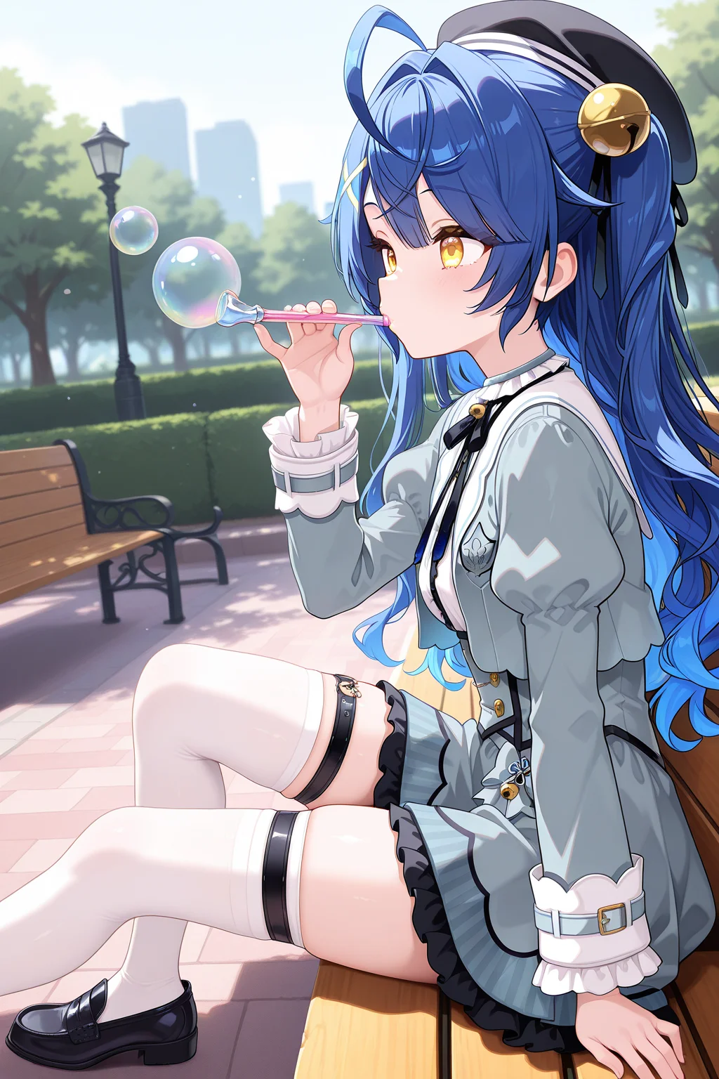 1girl, AmamiyaKokoroNijisanji,
general, solo, perspective, from side,
long hair, blue hair, two side up, wavy hair,
eyelashes, yellow eyes,
black headwear, x hair ornament, hair bell,
grey jacket,
puffy sleeves, frilled sleeves,
cropped jacket,
breasts, open jacket,
neck bell, white shirt,
grey dress,
thigh strap, white thighhighs, loafers,
sitting, holding, bubble pipe, blowing bubbles,
park, bench, bubble,
<lora:kp_AmamiyaKokoroNijisanji1stCostumeIllustrious_v1_0:1.0>,
masterpiece, best quality, amazing quality