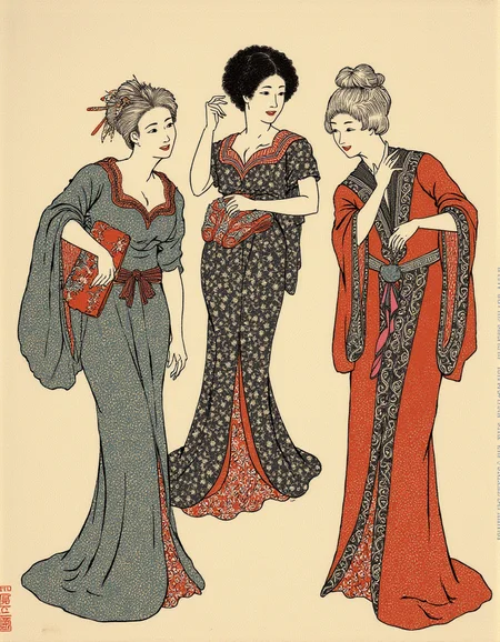 Ukiyo-e style by Hokusai, a set of vintage dresses from the 1920s, each detailed with intricate lace and beading, in an elegant style