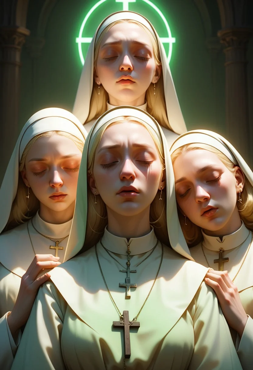 (realistic photo), BREAK cinematic, highly professional, high contrast, BREAK lo-fi, soft colors, EnD_Irreverant_Nuns, looking at viewer, multiple girls, blonde hair, jewelry, green eyes, closed eyes, upper body, parted lips, 3girls, necklace, lips, half-closed eyes, own hands together, cross, nun, habit, cross necklace, praying, gradient overlay, lo-fidelity, chromatic abberation, film grain, masterwork photography, (unreal engine 5), ,specular highlights, rembrandt lighting, side lighting, extreme light and shadow, cinematic lighting, natural lighting, cinematic angle, best quality, masterpiece