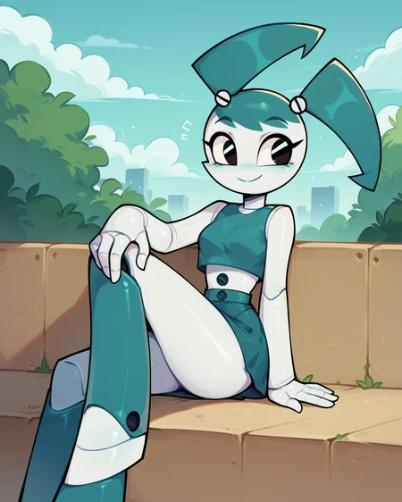 score_9, score_8_up, score_7_up, 1girl, solo, Jenny, white skin, joints, android, blue crop top, skirt, smile, closed mouth, blush, sitting, knee boots, raised leg, hands on knee, detailed background, outdoors, <lora:Jenny_Wakeman_PDXL_V2:1>