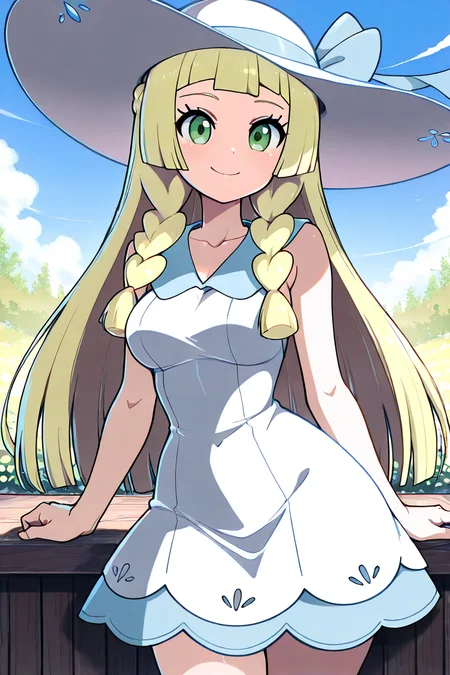 masterpiece, best quality, medium breasts, BREAK, zzLillie, long hair, braid, sun hat, white headwear, collarbone, sleeveless dress, white dress, <lora:LilliePokemonIXL:1.0>, smile, looking at viewer, cowboy shot, <lora:LandidzuStyleIXL:1.0>,