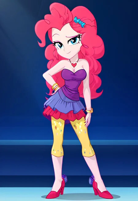 (High Resolution), (More Details), (8K), (High Resolution), NEGATIVE_HANDS, Score_9, Score_8_up, Score_7_up, Volumetric lighting, Intricate, Pinkie pie, equestria girls, 1 girl, Bracelets, skirt, skirt rah rah Purple sleeveless dress, off the shoulder, Strapless, yellow capris tights with colored spots, high heels, Full body, Sexy and sensual model body, pose, seductive and flirtatious look, beautiful, attractive, Mature body, big breasts, Heart necklace