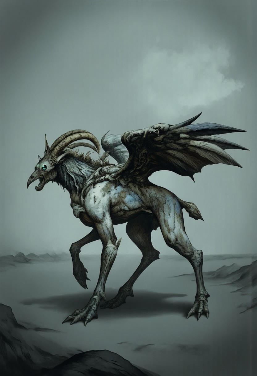aidmaMJ6.1, Made out of paper, a PaperStyle , d4artstyle, d4concept, , d00mstyle, made of clay, ZBClay model of a gray sculpture AmanoER 
 a haunting, hybrid creature combining the elements of a crow and a goat in a twisted, metamorphosed form. The body has the lean, muscular build of a goat, covered in patches of coarse, dark feathers that blend seamlessly with rough, matted fur. The creature’s head is an eerie fusion of a crow’s beak and a goat’s skull, with hollow, sunken eye sockets that glow faintly, as though holding an unnatural intelligence. Sharp, twisted horns curve backward from the skull, merging with spiky, feathered tufts around its neck, creating a regal yet sinister crown. Large, crow-like wings sprout from its back, the feathers ragged and uneven, as if worn by years of dark flight. Its legs end in bony, talon-like hooves that claw at the ground, and a long, wiry tail trails behind, ending in more disheveled feathers. The creature emits a low, guttural call, an unnatural blend of a crow's caw and a goat's bleat, echoing in a desolate, misty landscape. Focus on the texture of the matted fur and feathers, the sharp details of the beak and horns, and the unsettling fusion of avian and mammalian elements.
Background solid color with a faded dimly lit, fog-covered darkness tone that emphasizes its silhouette. The medium is not a traditional painting or illustrative medium like watercolor or ink but rather a digital rendering, eerie and unsettling.