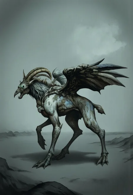 aidmaMJ6.1, Made out of paper, a PaperStyle , d4artstyle, d4concept, , d00mstyle, made of clay, ZBClay model of a gray sculpture AmanoER
a haunting, hybrid creature combining the elements of a crow and a goat in a twisted, metamorphosed form. The body has the lean, muscular build of a goat, covered in patches of coarse, dark feathers that blend seamlessly with rough, matted fur. The creature’s head is an eerie fusion of a crow’s beak and a goat’s skull, with hollow, sunken eye sockets that glow faintly, as though holding an unnatural intelligence. Sharp, twisted horns curve backward from the skull, merging with spiky, feathered tufts around its neck, creating a regal yet sinister crown. Large, crow-like wings sprout from its back, the feathers ragged and uneven, as if worn by years of dark flight. Its legs end in bony, talon-like hooves that claw at the ground, and a long, wiry tail trails behind, ending in more disheveled feathers. The creature emits a low, guttural call, an unnatural blend of a crow's caw and a goat's bleat, echoing in a desolate, misty landscape. Focus on the texture of the matted fur and feathers, the sharp details of the beak and horns, and the unsettling fusion of avian and mammalian elements.
Background solid color with a faded dimly lit, fog-covered darkness tone that emphasizes its silhouette. The medium is not a traditional painting or illustrative medium like watercolor or ink but rather a digital rendering, eerie and unsettling.