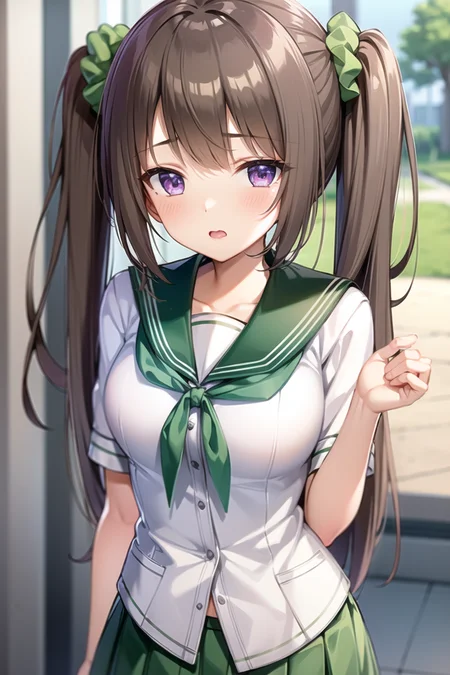 1girl,light brown hair, purple eyes, long hair, twintails, asymmetrical bangs, asymmetrical hair, hair scrunchie, school uniform, green sailor collar, green skirt, checkered skirt, green ribbon,