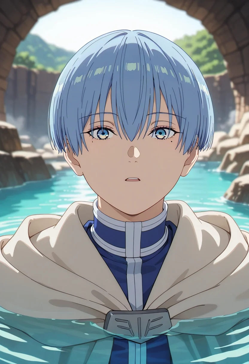 masterpiece, best quality, , (photorealistic:0.6), looking at viewer, depth of field, 1boy, solo, male focus, <lora:himmel_sousou_no_frieren_ilxl:0.94>, himmel_sousou_no_frieren, blue hair, blue eyes, short hair, bangs, hair between eyes, mole under eye, volcanic pools, steam vents, colored water, rocky terrain, testing temperature, careful expression, afternoon,