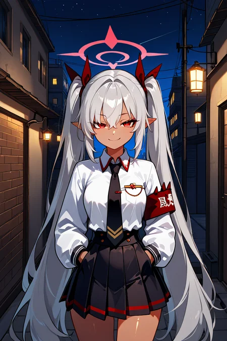 masterpiece, best quality, 1girl, solo, 21 year old model, eyelashes, (beautiful eyes), ,,, zzIori, red eyes, halo, long hair, twintails, dark skin, very long hair, pointy ears, grey hair, skirt, ribbon, hair ribbon, white shirt, necktie, collared shirt, long sleeves, <lora:IoriBlueArchiveIXL:1.0>,,,, stars, night, luminescent background, city, back alley, smug, hands in pockets, smile, looking at viewer, shiny skin, <lora:princess_xl_v2:0.3>,