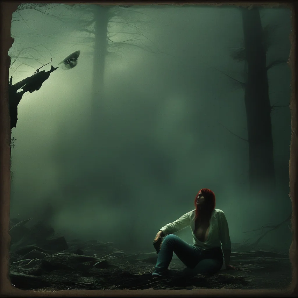 ArsGreenMistWorld,A woman with red hair in her thirties sits on the ground, she is wearing an unbuttoned white shirt and jeans in a foggy forest background with an ominous mood. Ghostly silhouettes of people can be seen behind her in the style of photo realistic, cinematic art with dark green tones. <lora:ArsMorph_-_World_of_Green_MistPony:0.6>