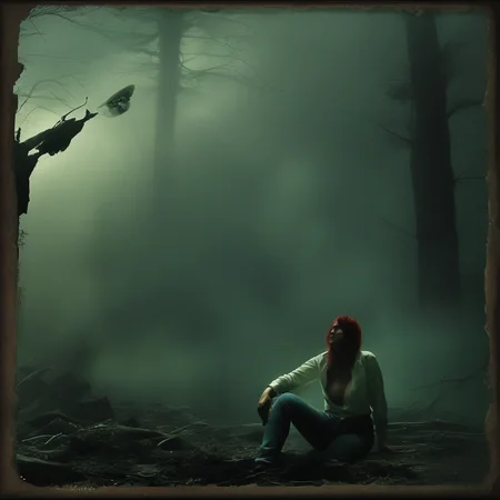 ArsGreenMistWorld,A woman with red hair in her thirties sits on the ground, she is wearing an unbuttoned white shirt and jeans in a foggy forest background with an ominous mood. Ghostly silhouettes of people can be seen behind her in the style of photo realistic, cinematic art with dark green tones. <lora:ArsMorph_-_World_of_Green_MistPony:0.6>