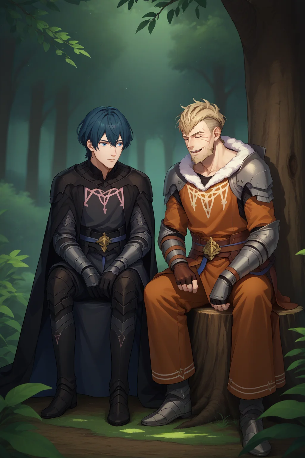 score_9, score_8_up, score_7_up, score_6_up, source_anime, 2boys, two boys, sitting, standing, tree stump, forest, night
2boys, male focus <lora:mbyleth-pdxl-nvwls-v1-000005:0.8> defmByl, dark blue hair, short hair, blue eyes, hair between eyes, black cape, black armor, black coat, black pants, gauntlets, black gloves, expressionless
2boys, male focus, <lora:JeraltFE-pdxl:0.8> jeraltFE, short hair, undercut, beard, armor, gloves, fur trim, shoulder armor, fingerless gloves, scar on face, closed eyes, smile, open mouth, mature male