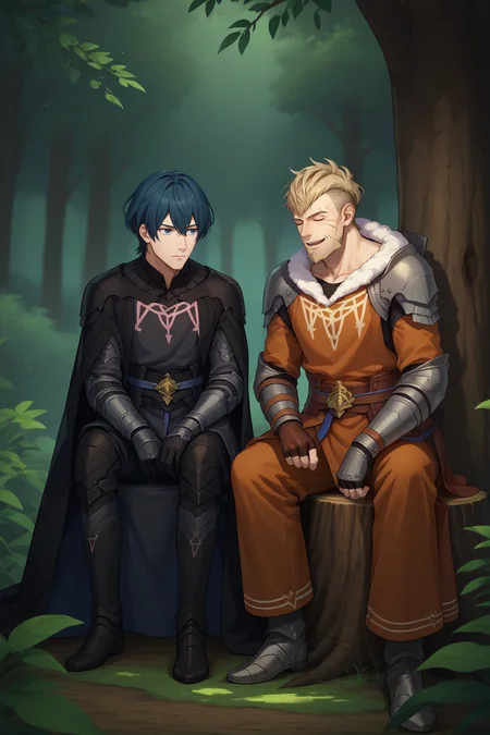 score_9, score_8_up, score_7_up, score_6_up, source_anime, 2boys, two boys, sitting, standing, tree stump, forest, night
2boys, male focus <lora:mbyleth-pdxl-nvwls-v1-000005:0.8> defmByl, dark blue hair, short hair, blue eyes, hair between eyes, black cape, black armor, black coat, black pants, gauntlets, black gloves, expressionless
2boys, male focus, <lora:JeraltFE-pdxl:0.8> jeraltFE, short hair, undercut, beard, armor, gloves, fur trim, shoulder armor, fingerless gloves, scar on face, closed eyes, smile, open mouth, mature male