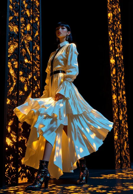 A hyper-realistic full-body portrait of an Asian woman with a sleek black bowl-cut hairstyle, her razor-sharp bangs perfectly concealing her eyes, casting a mysterious shadow across her porcelain-like skin. Her pale, glossy complexion gleams with an oily finish, giving her an ethereal, avant-garde presence. She dons a Ballets Ruffled Dress in crisp, immaculate white, crafted from a luxurious blend of cotton and polyester. The dress features full sleeves, a stand collar, a single-breasted closure, and cascading ruffles that add delicate charm to its casual yet surreal design. Her feet are adorned with black leather high-heel shoes embellished with surreal iridescent floral patterns, shimmering like jewels under soft, focused lighting. She strikes a dynamic, avant-garde pose, her body tilted slightly with one arm extended gracefully while the other rests near her waist, exuding elegance and controlled intensity. The background is a deep, pitch-black void illuminated by glowing, sparkling golden grills that form intricate geometric patterns, creating a dramatic, high-fashion atmosphere. Photographed in 8K with a Canon EOS R5, paired with a 70-200mm f/2.8L lens at ISO 100 for razor-sharp detail and creamy bokeh. Rendered in Octane Render, post-processed in Adobe Lightroom, and enhanced using Topaz Gigapixel AI to bring out stunning clarity and depth, inspired by Alexander McQueen's visionary designs.