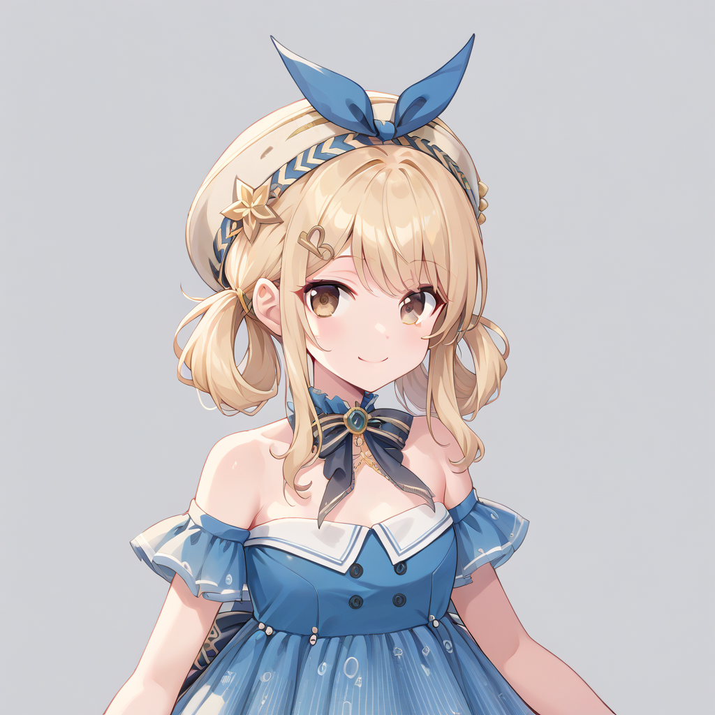 score_9, score_8_up, score_7_up, simple background, looking at viewer, light smile,
1girl, nikki set2, blonde hair, brown eyes, hat, hair ornament, dress, bare shoulders, 
 <lora:nikki_set2_pony_v1:1>