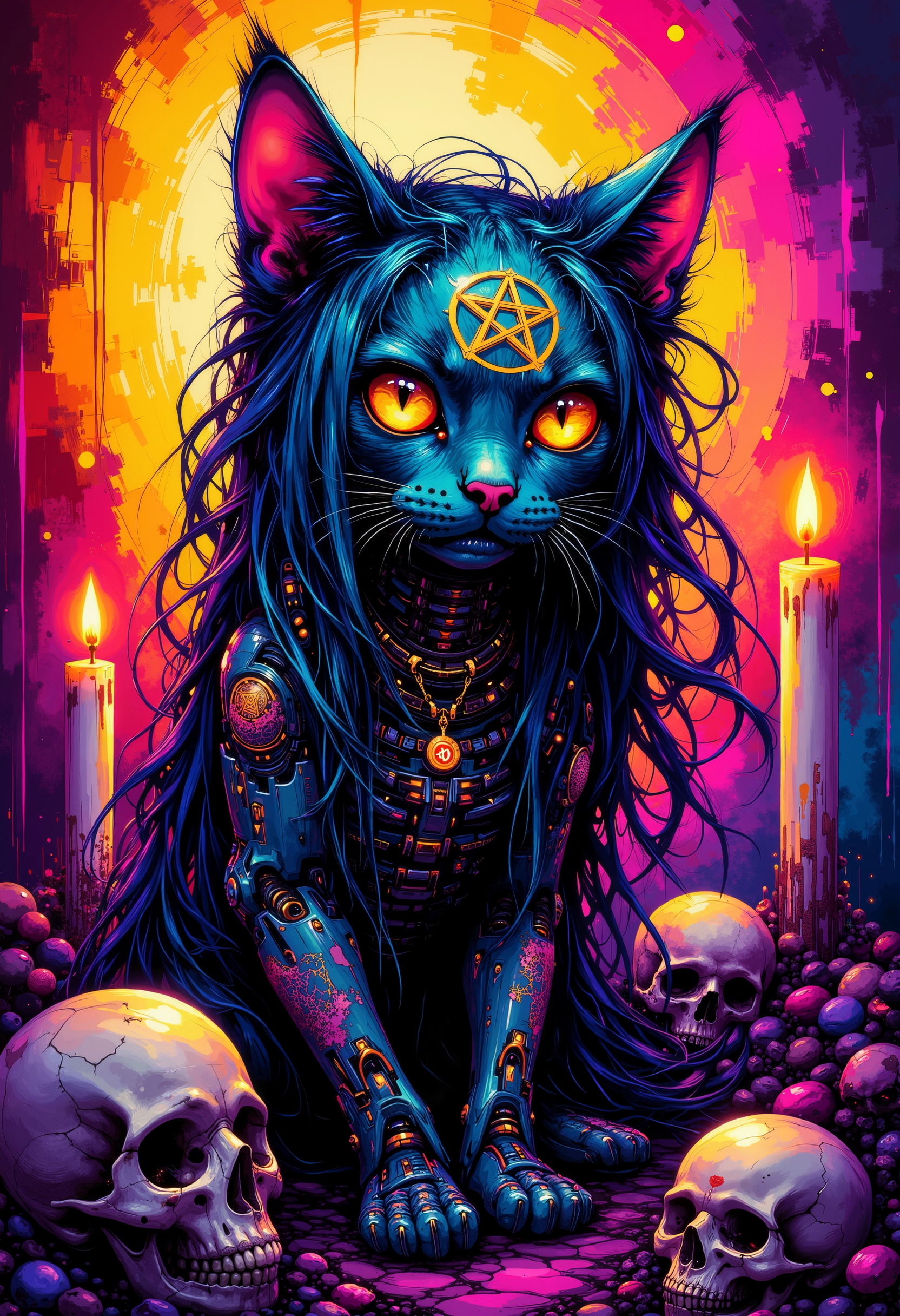 bo-cyborgsplash, a stylized cat-like creature with tattoos and a pentagram on its head, positioned in a menacing pose, surrounded by candles and skulls, the background is fantastic abstract colorful art splash, high quality, ultra detailed.<lora:boFLUX Cyborgsplash.safetensors:1.0:1.0>