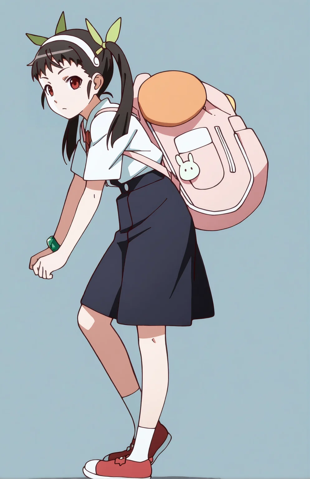 HachikujiMayoi. 1girl, solo, black hair, red eyes, twintails, hair band, green hairbow, white shirt, short sleeves, skirt, socks, bag, bracelet, backpack, suspenders, standing, side view, looking at viewer, tilted head,