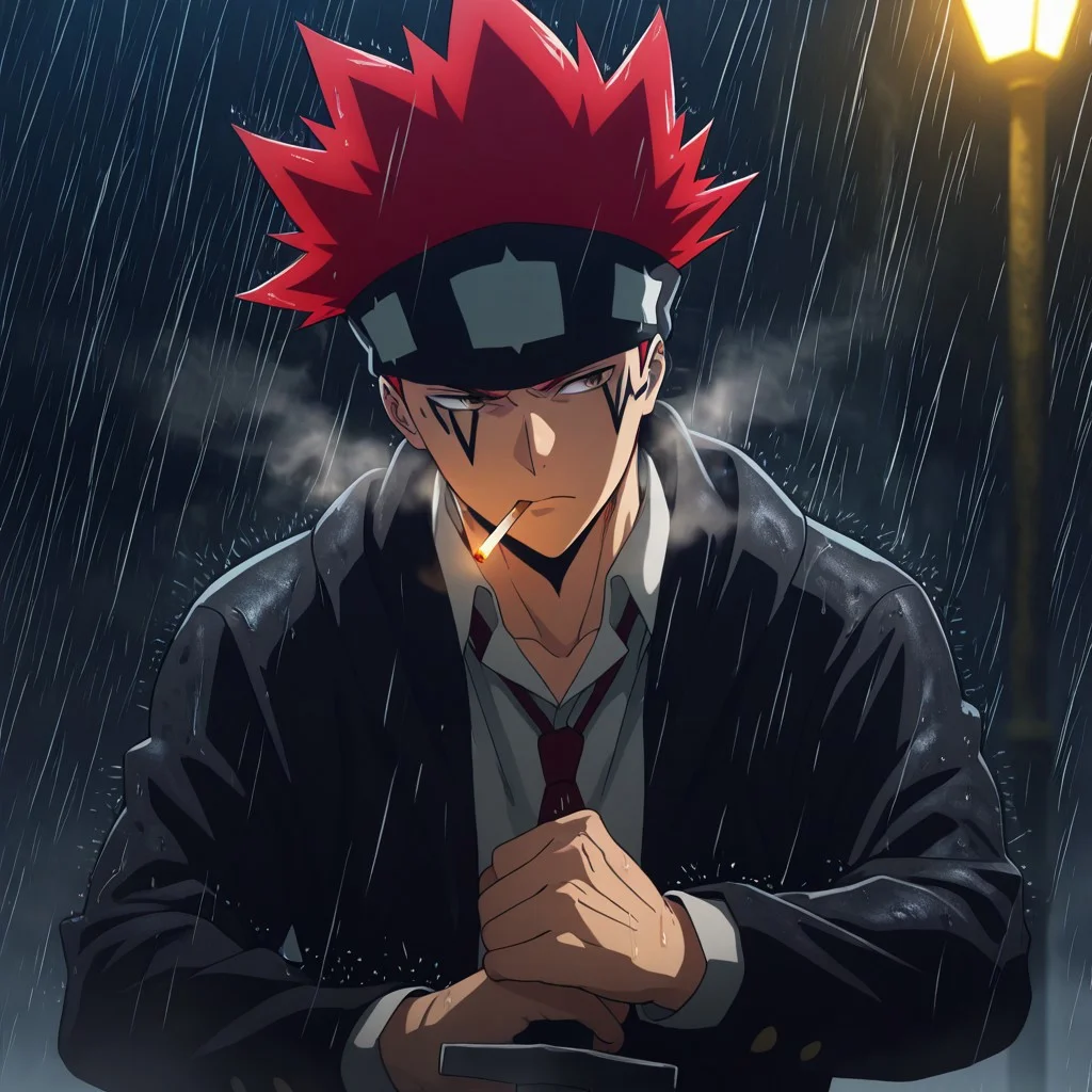 masterpiece, best quality, amazing quality, absurdres, newest, detailed background, definition so sharp, Ultra-HD, 8K cinematic, very awa, impressionate, amazing quality, highres,
solo, male focus, manly,
1boy, d0tb_red hair, d0tb_brown eyes, d0tb, spiked hair, facial tattoo, headband, smoking, smoke,
serious expression, hand on sword hilt, protective stance, looking to side, rain, night, streetlights, cool, determined, hot-blooded, watchful
