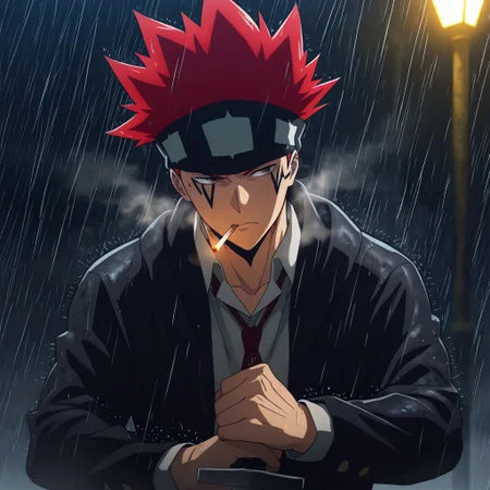 masterpiece, best quality, amazing quality, absurdres, newest, detailed background, definition so sharp, Ultra-HD, 8K cinematic, very awa, impressionate, amazing quality, highres, 
solo, male focus, manly, 
1boy, d0tb_red hair, d0tb_brown eyes, d0tb, spiked hair, facial tattoo, headband, smoking, smoke,
serious expression, hand on sword hilt, protective stance, looking to side, rain, night, streetlights, cool, determined, hot-blooded, watchful