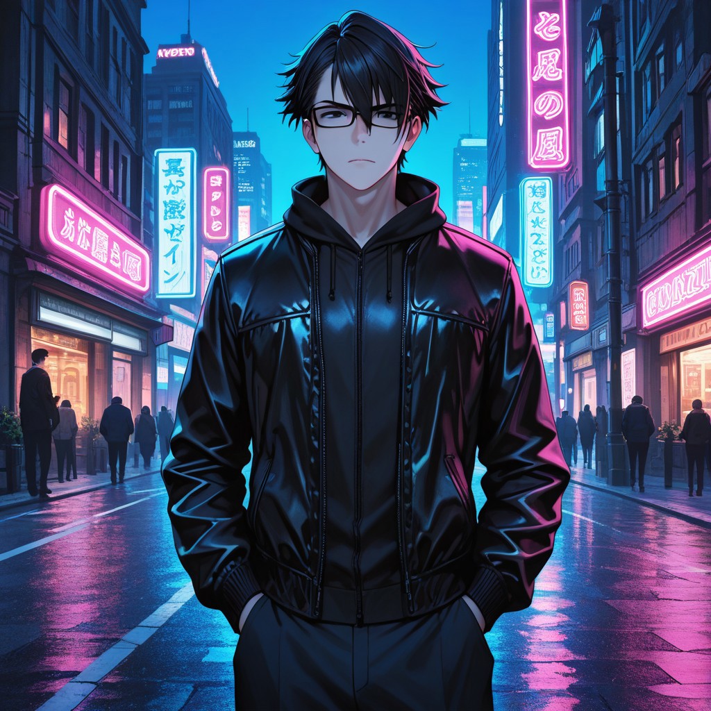 masterpiece, best quality, amazing quality, absurdres, newest, detailed background, definition so sharp, Ultra-HD, 8K cinematic, very awa, impressionate, amazing quality, highres, 
solo, male focus, manly, 
saruhikofushimi, saruhiko_black hair, saruhiko_black eyes, 1boy, short hair, glasses, stylish jacket, standing, hands in pockets, city street, night, neon lights, cool colors, confident, stylish, slightly intimidating, charming