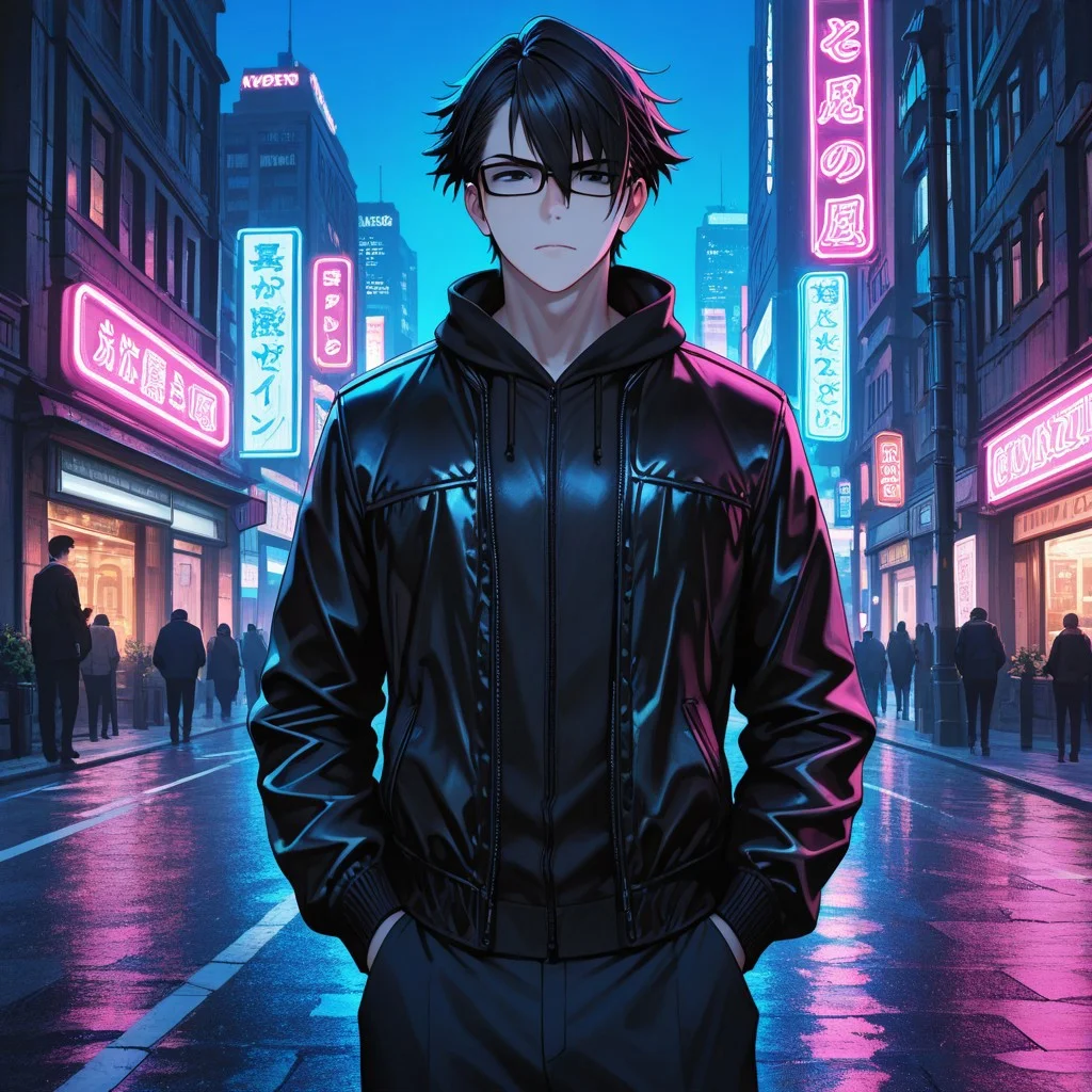 masterpiece, best quality, amazing quality, absurdres, newest, detailed background, definition so sharp, Ultra-HD, 8K cinematic, very awa, impressionate, amazing quality, highres,
solo, male focus, manly,
saruhikofushimi, saruhiko_black hair, saruhiko_black eyes, 1boy, short hair, glasses, stylish jacket, standing, hands in pockets, city street, night, neon lights, cool colors, confident, stylish, slightly intimidating, charming