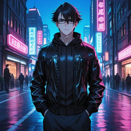 masterpiece, best quality, amazing quality, absurdres, newest, detailed background, definition so sharp, Ultra-HD, 8K cinematic, very awa, impressionate, amazing quality, highres, 
solo, male focus, manly, 
saruhikofushimi, saruhiko_black hair, saruhiko_black eyes, 1boy, short hair, glasses, stylish jacket, standing, hands in pockets, city street, night, neon lights, cool colors, confident, stylish, slightly intimidating, charming