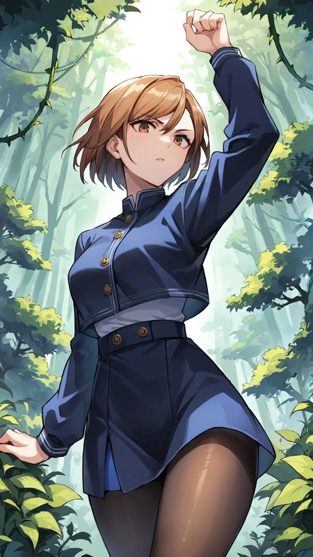 score_9,score_8_up,score_7_up,score_6_up, source_anime, zPDXL, <lora:xl_more_art-full_v1:0.5>, woman, dynamic pose, <lora:Nobara - Pony-000004:0.8>, short hair, brown hair, brown eyes, blue jacket, overhanging jacket, long sleeves, blue skirt, pantyhose, serious, beckoning, forest, bushes, vines, light rays, ferns,