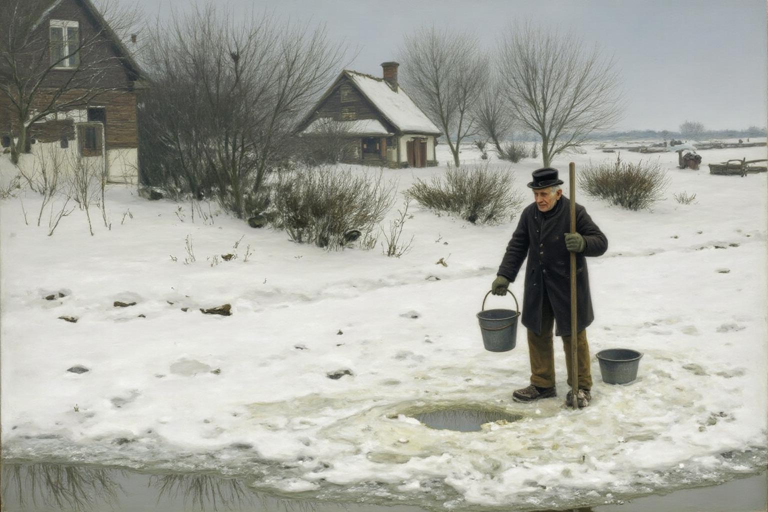 hansandersenbrendekilde1 painting. 
An elderly man standing in a partially frozen body of water carrying a bucket and a pole. He wears a heavy coat, hat, and gloves. The background has snow-covered ground, leafless trees, and a rustic house. <lora:hansandersenbrendekilde1_cap_d8a4e11:1.0><lora:855165131779250730:0>