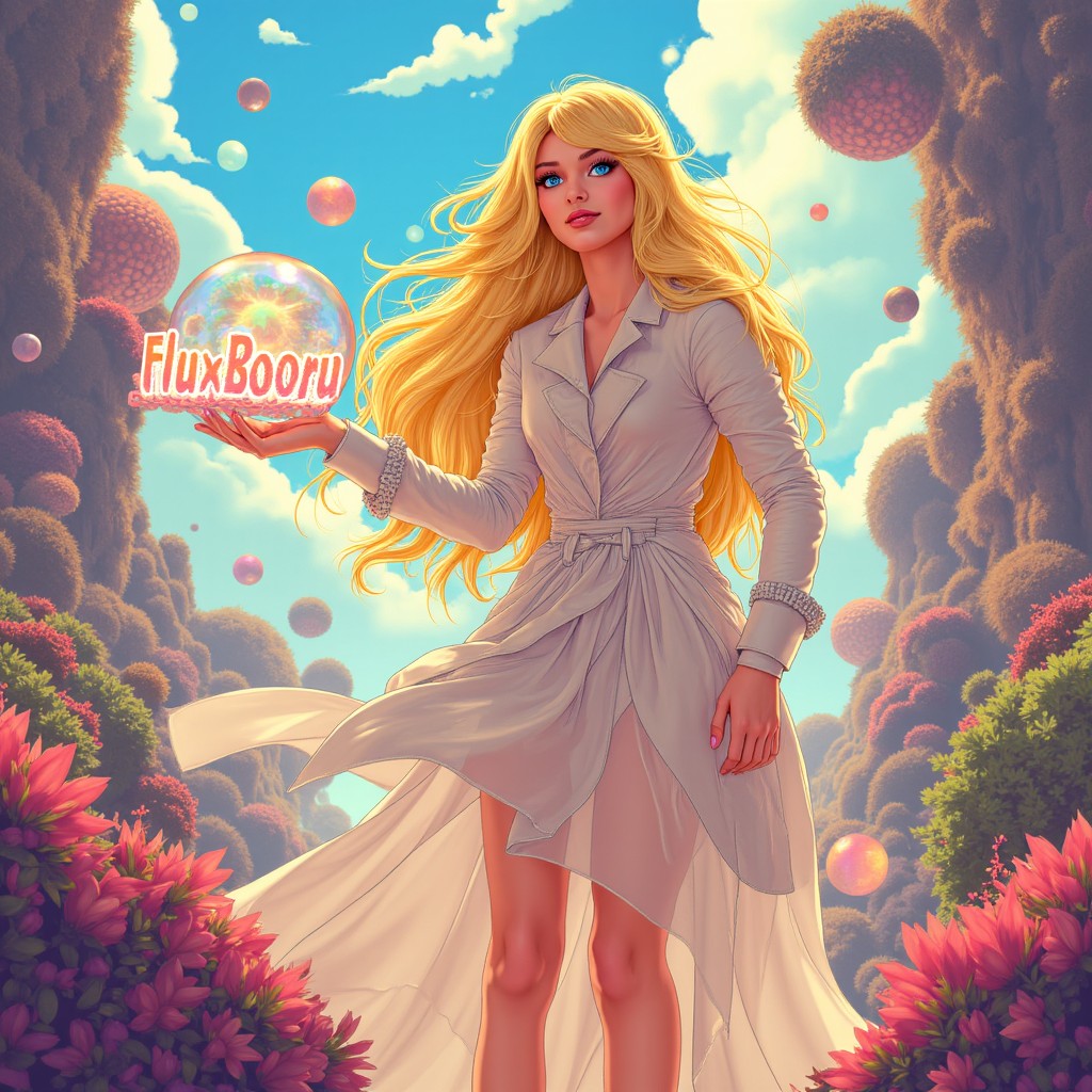An anime-style illustration featuring a confident blonde woman standing in a surreal, dreamlike landscape. Her long, flowing golden hair has an ethereal glow, and her expressive blue eyes shimmer with a sense of mystery. She wears an unusual, flowing outfit that blends elegant, translucent fabrics with surreal elementsâperhaps her jacket fades into swirling mist, and her dress is patterned with shifting colors. In her hands, she holds a strange, floating sign that displays the text "FluxBooru" in distorted, glowing typography, as if bending under the weight of its own reality. The background is a vast, otherworldly sceneâa blend of floating islands, twisting pathways, and impossible architecture. Large, luminous orbs hover in the sky, casting eerie, multicolored light over the scene. Strange plants with translucent leaves and surreal, abstract shapes add to the dreamlike atmosphere. The lighting feels soft and diffuse, as if the whole scene is bathed in an unreal glow, heightening the sense of mystery and wonder.|SPLIT|Surreal, dreamlike landscape with floating islands, impossible architecture, luminous orbs in the sky, strange translucent plants, soft diffuse light creating an unreal atmosphere., kdny_body_flux