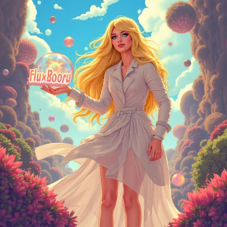 An anime-style illustration featuring a confident blonde woman standing in a surreal, dreamlike landscape. Her long, flowing golden hair has an ethereal glow, and her expressive blue eyes shimmer with a sense of mystery. She wears an unusual, flowing outfit that blends elegant, translucent fabrics with surreal elementsâperhaps her jacket fades into swirling mist, and her dress is patterned with shifting colors. In her hands, she holds a strange, floating sign that displays the text "FluxBooru" in distorted, glowing typography, as if bending under the weight of its own reality. The background is a vast, otherworldly sceneâa blend of floating islands, twisting pathways, and impossible architecture. Large, luminous orbs hover in the sky, casting eerie, multicolored light over the scene. Strange plants with translucent leaves and surreal, abstract shapes add to the dreamlike atmosphere. The lighting feels soft and diffuse, as if the whole scene is bathed in an unreal glow, heightening the sense of mystery and wonder.|SPLIT|Surreal, dreamlike landscape with floating islands, impossible architecture, luminous orbs in the sky, strange translucent plants, soft diffuse light creating an unreal atmosphere., kdny_body_flux