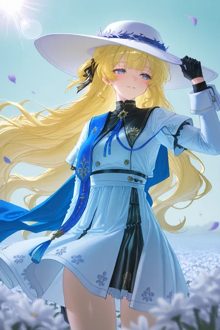 1girl, phoebe, light smile, looking away, light blush, wind, windy, hands on hat, cinematic lighting, sun rays, flare lens ,blonde hair, gloves, outdoors, flower field, depth of field, ailasagna, masterpiece, best quality, high quality, highly detailed, good quality, newest