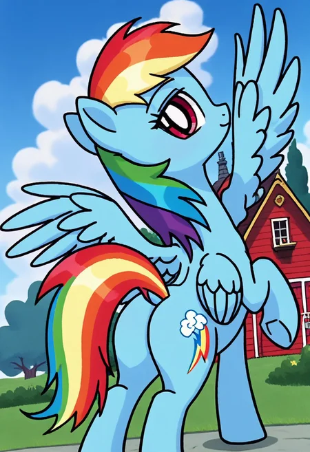 score_9, score_8_up, score_7_up, score_6_up, score_5_up, score_4_up, source_anime, anime screencap, anime coloring, retro artstyle, BREAK, tall skinny slender slim equine Rainbow Dash, pegasus, female, mare, pony, solo, horse butt, perfect butt, bubble butt, 8U881E, toned body, toned forelegs, outdoors, back roads, dutch angle, looking at viewer, perspective, <lora:EarlyAkira_v4:0.4> <lora:Pony_MLP_v1.5:1> <lora:8U881E:0.6> <lora:pony_001:1> <lora:1990s_hentai-V1:0.4>
