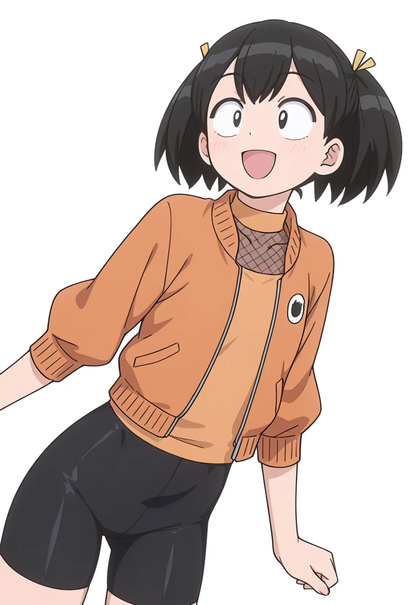 Smooth Quality,masterpiece,very intricate, high quality details, ultra realistic, high detailed skin,detailed enviorement,
simple background, white background,dynamic angle,^q^ ,
bike shorts, ,mesh shirt, ,bolero jacket, , <lora:Tadano_Hitomi_cnn:0.8> tadanohitomicnn, 1girl,black hair, short hair, twintails, black eyes, bangs, hair ribbon,